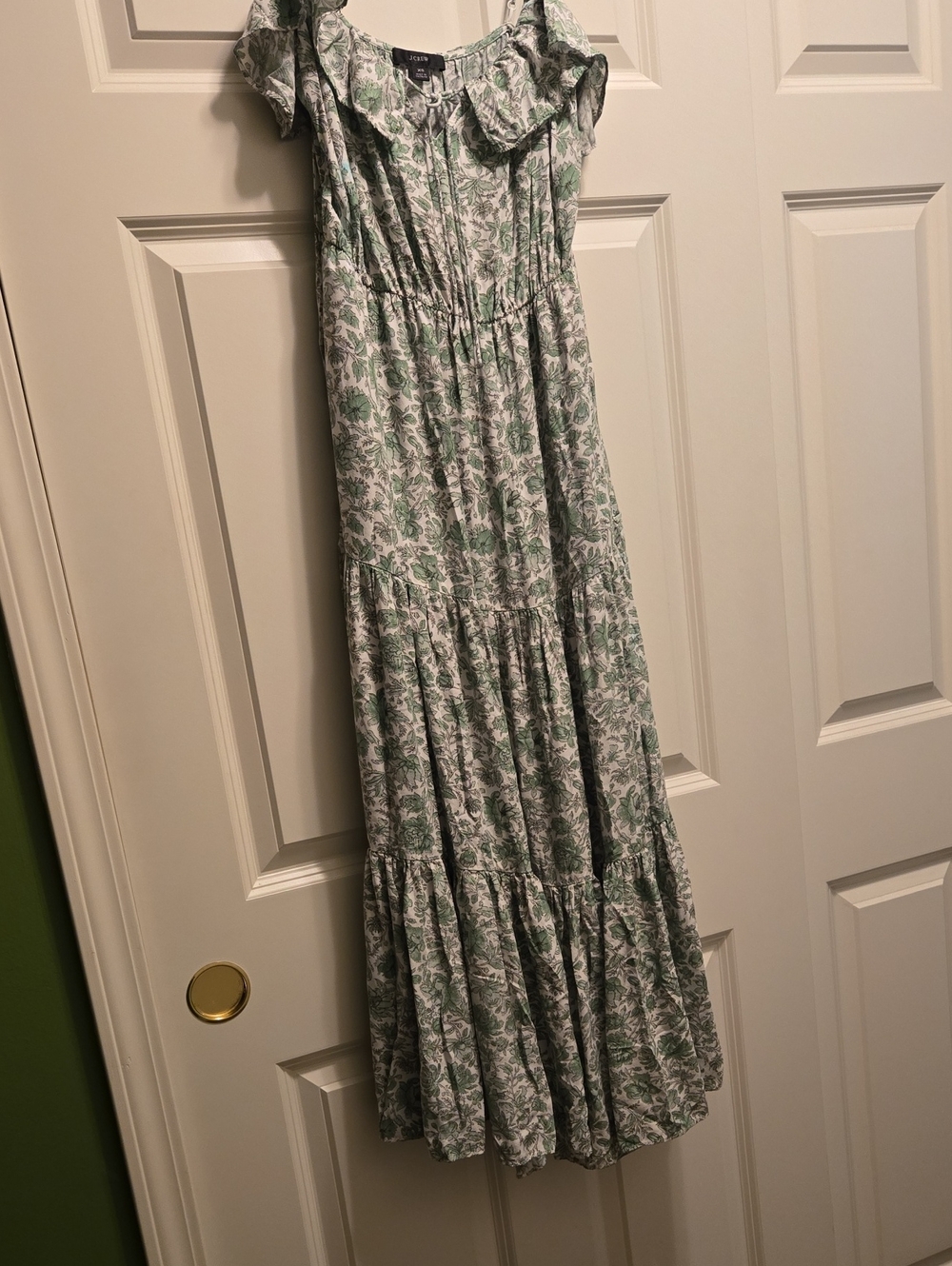 J Crew Green and White Floral Tiered Maxi Dress